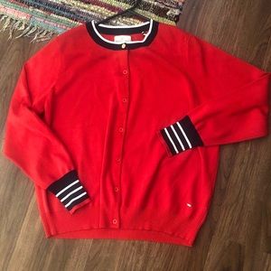 Red fine knit cardigan w/ navy white stripe sleeve